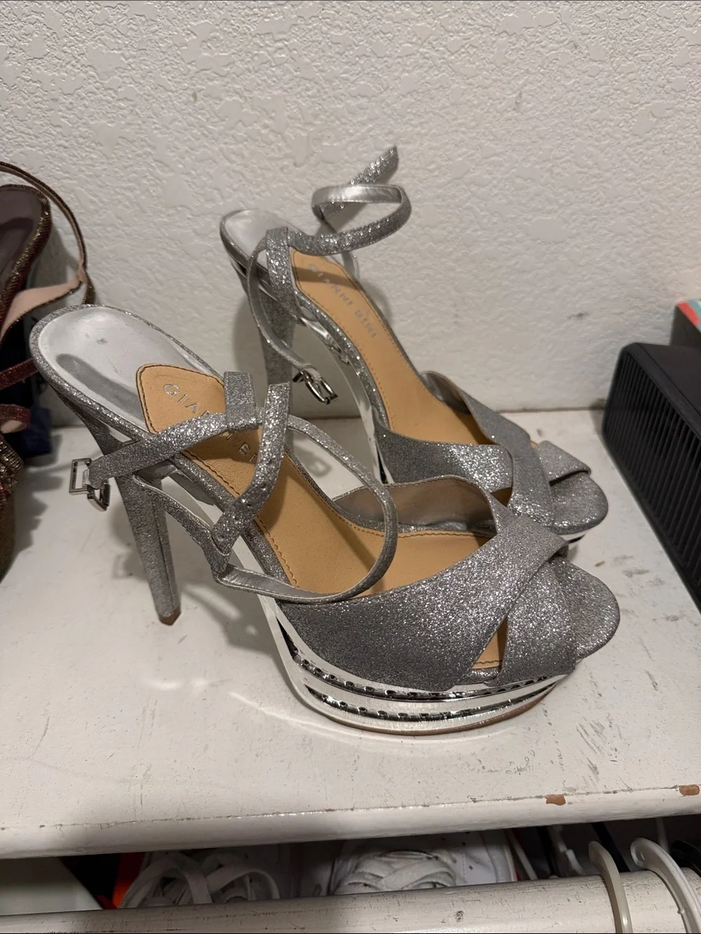 Gianni Bini Silver Glitter Platform Strappy High Heels